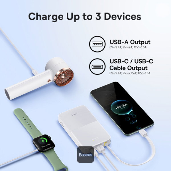 Baseus Power Bank EnerFill FP11 10000mAh 15W Moon White con Cable USB-C 20V/3A 30cm Blanco