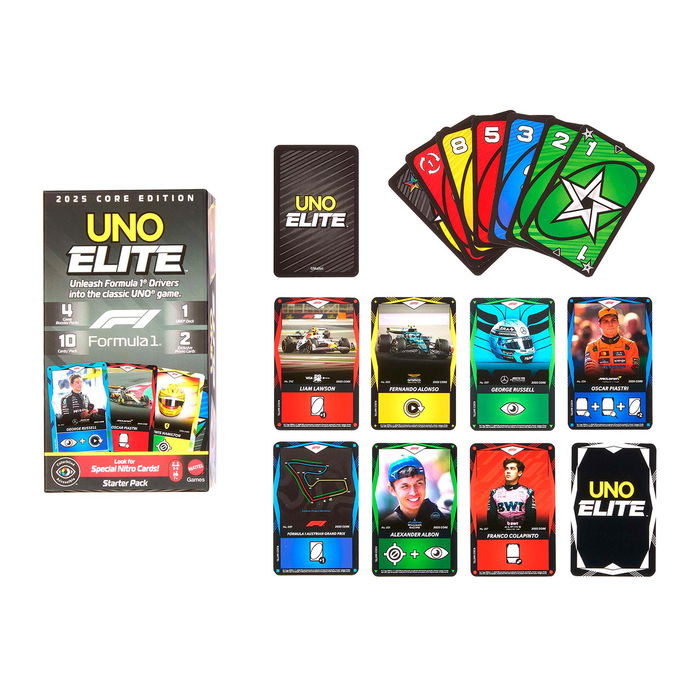 Mattel Games Juego Uno Elite F1 Starter Pack Jlv42, Juego de Cartas Edición Formula 1 2025 con Cartas Especiales Elite, Pilotos y Coches, +7 Años