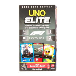 Mattel Games Juego Uno Elite F1 Starter Pack Jlv42, Juego de Cartas Edición Formula 1 2025 con Cartas Especiales Elite, Pilotos y Coches, +7 Años