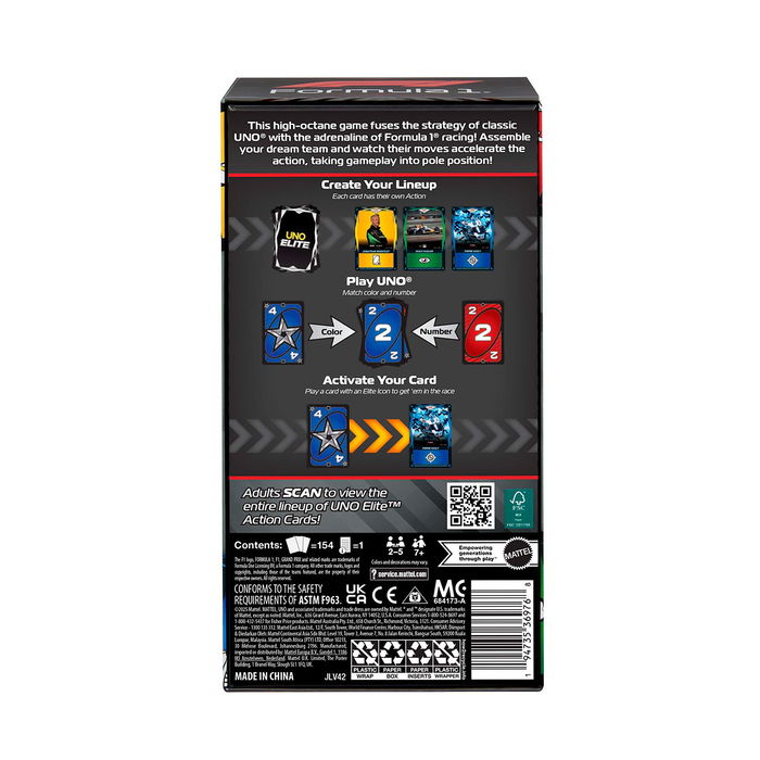 Mattel Games Juego Uno Elite F1 Starter Pack Jlv42, Juego de Cartas Edición Formula 1 2025 con Cartas Especiales Elite, Pilotos y Coches, +7 Años
