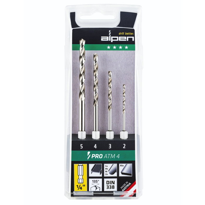 Alpen Cassette HSS Super ATM Juego de 4 Brocas 2-3-4-5 mm con Eje Hexagonal 1/4 pulgadas Alpen Cassette HSS Super ATM Juego de 4 Brocas 2-3-4-5 mm con Eje Hexagonal 1/4 pulgadas
