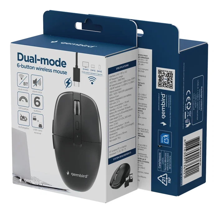 GEMBIRD MUSW2-6B-01 Ratón Inalámbrico Óptico Negro
