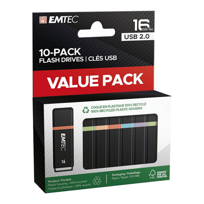 EMTEC K100 16GB USB 2.0 Memoria USB Tapa Negro Multicolor Pack 10 Unidades EMTEC K100 16GB USB 2.0 Memoria USB Tapa Negro Multicolor Pack 10 Unidades