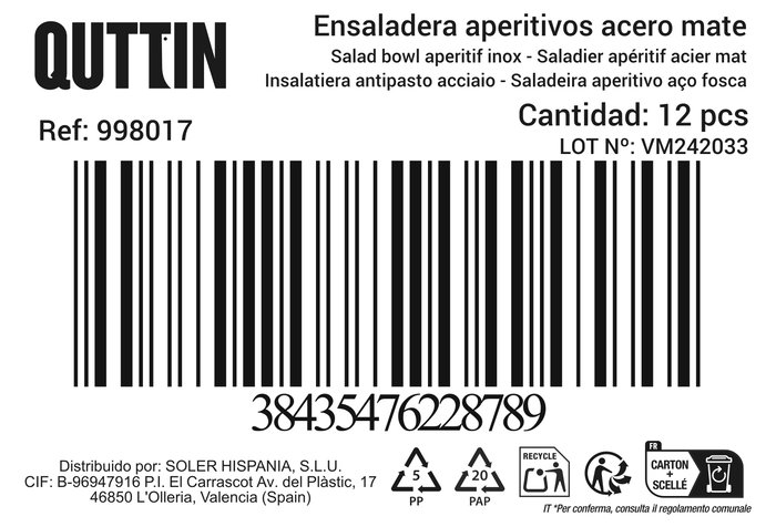 Quttin Ensaladera Aperitivo Acero Inoxidable 19.5 cm (12 Unidades)