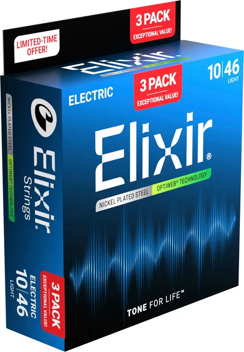 Elixir Cuerdas Guitarra Eléctrica Nickel Plated Steel con Recubrimiento OPTIWEB Calibre 10-46 - Pack 3