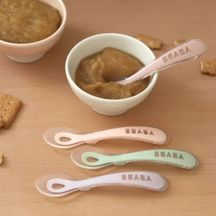 BEABA Lote de 4 Cucharas de Silicona 2da Edad Azul Oscuro, Rosa, Niebla Clara, Verde Aireado