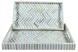 DKD Home Decor Set de 2 Bandejas de Decoración de Bambú Mosaico Surtido 46x27x4,5 cm el Raviet Collection de 2 piezas rompe con el estilo tropical con acabado natural en marrón y blanco.wav-mosaico-s
