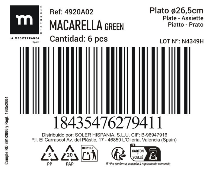 La Mediterranea Plato Macarella Green 26,5 cm de 12 unidades
