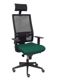Silla de oficina Horna con mecanismo Sincro tapizada con Tela color Verde botella y malla color Negro. Equipada con lumbar 1D, Brazos 1D, Cabecero Fijo y Ruedas de parqué