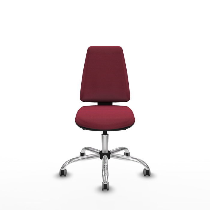Silla de oficina Elche con mecanismo Asincro tapizada con Tela color Granate. Equipada con Base cromada, Sin brazos y Ruedas 65 mm parqué