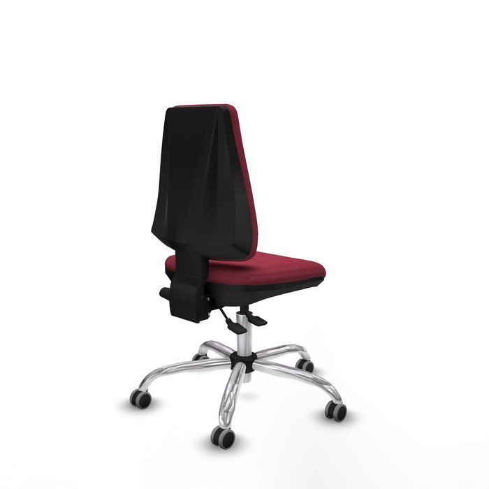 Silla de oficina Elche con mecanismo Asincro tapizada con Tela color Granate. Equipada con Base cromada, Sin brazos y Ruedas 65 mm parqué