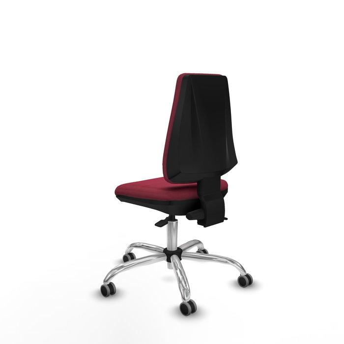 Silla de oficina Elche con mecanismo Asincro tapizada con Tela color Granate. Equipada con Base cromada, Sin brazos y Ruedas 65 mm parqué