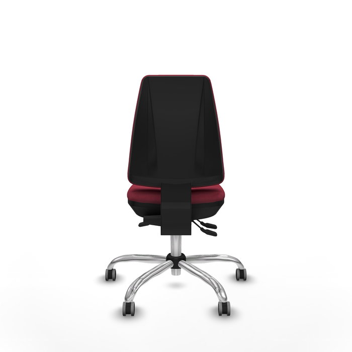 Silla de oficina Elche con mecanismo Asincro tapizada con Tela color Granate. Equipada con Base cromada, Sin brazos y Ruedas 65 mm parqué