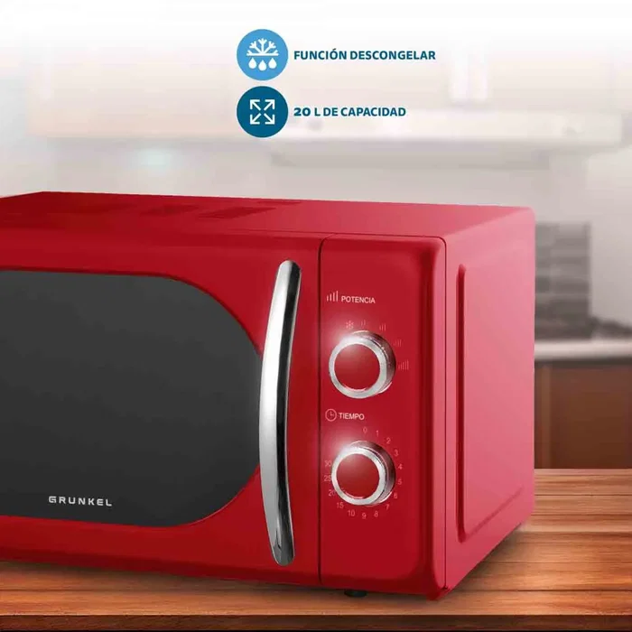 Grunkel MW-20ROJO Microondas Encimera Solo Microondas Rojo 20 Litros 700W 5 Niveles Potencia Tornamesa Giratoria