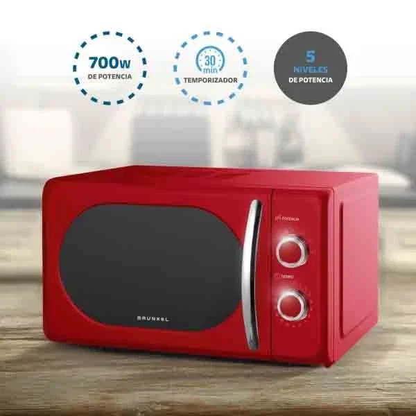 Grunkel MW-20ROJO Microondas Encimera Solo Microondas Rojo 20 Litros 700W 5 Niveles Potencia Tornamesa Giratoria