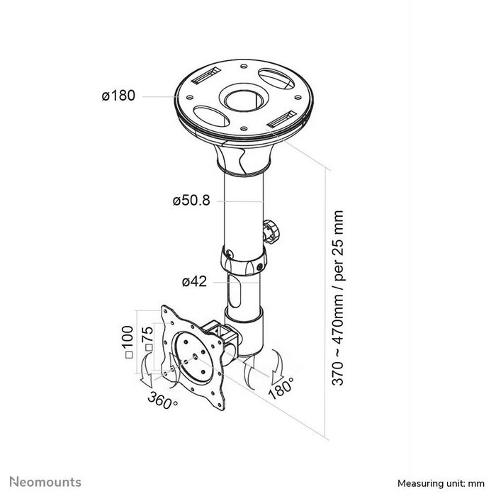 Neomounts FPMA-C025BLACK - Soporte de Techo Ajustable en Altura para Monitor o TV de 10-30" (hasta 12 kg), VESA 75x75-100x100, Inclinación 180°, Rotación 360°, Negro