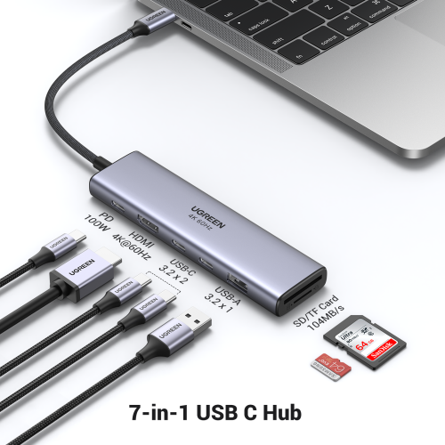 UGREEN REVODOK Base 7 en 1 USB-C 4K@60Hz HDMI 10Gbps SD/TF PD 100W Gris