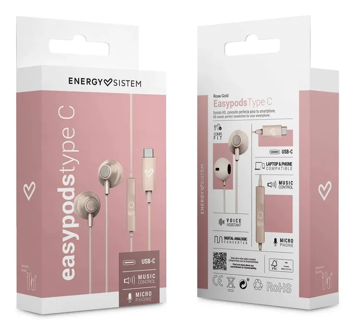 Energy Sistem EasyPods Auriculares Intraurales Alámbricos con Micrófono, USB-C, Compatible con Asistentes de Voz, Control de Reproducción, Color Oro Rosa