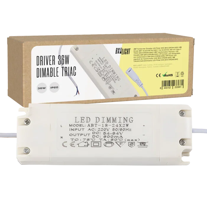 BX3 LIGHT Driver LED ABT-18-24X2W 24W TRIAC Dimmable, Salida Constante 600mA, 45-84VDC, Clase II, para Downlights y Paneles BX3 LIGHT Driver LED ABT-18-24X2W 24W TRIAC Dimmable, Salida Constante 600mA, 45-84VDC, Clase II, para Downlights y Paneles