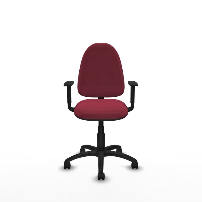 Silla de oficina Aýna con mecanismo Contacto permanente básico tapizada con Tela color Granate. Equipada con Base poliamida negra, Brazos 1D y Ruedas de nailon 50 mm