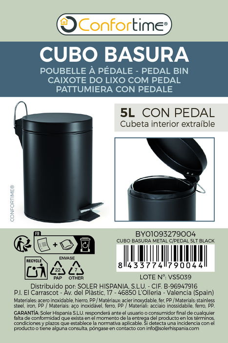 Inde Cubo Basura Metal con Pedal 5 Litros Negro 20.5 cm (Ancho) x 27 cm (Largo) x 27.4 cm (Alto) (6 Unidades)