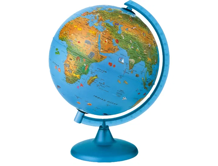 Blanca Globo terráqueo modelo Arca 26 cm diámetro, físico y político, esfera luminosa con base y meridiano de plástico.
