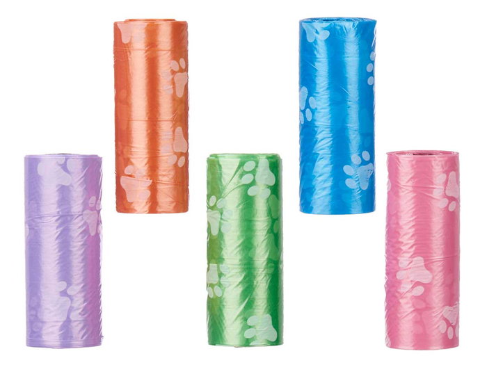 MASCOW Set de 5 Rollos de Bolsas para Mascota, 15 Unidades, Colores Variados