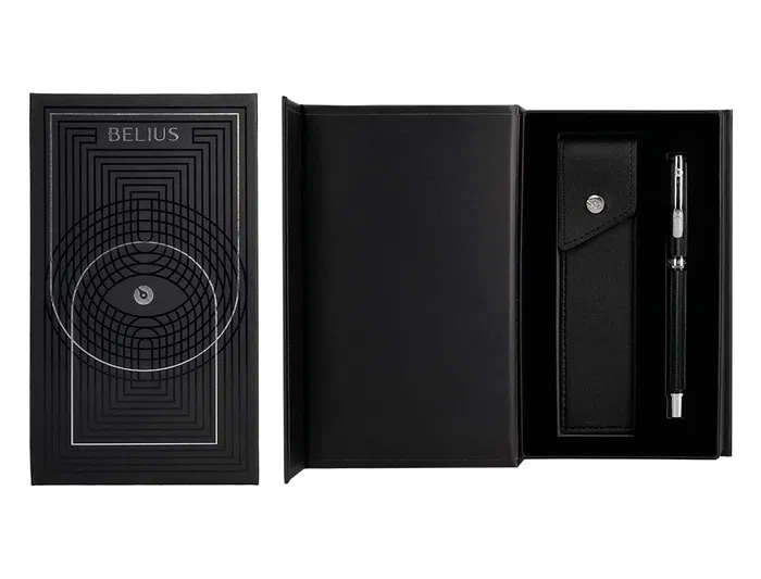 Belius Turbo Boligrafo y Estuche Aluminio Textura Punteada Negro y Plateado Tinta Azul Caja Diseño