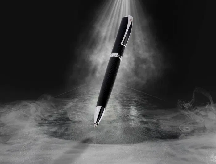 Belius Turbo Boligrafo y Estuche Aluminio Textura Punteada Negro y Plateado Tinta Azul Caja Diseño