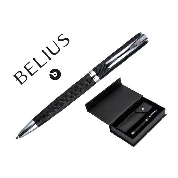 Belius Bolígrafo Turbo con textura punteada negro y plateado, tinta azul y estuche