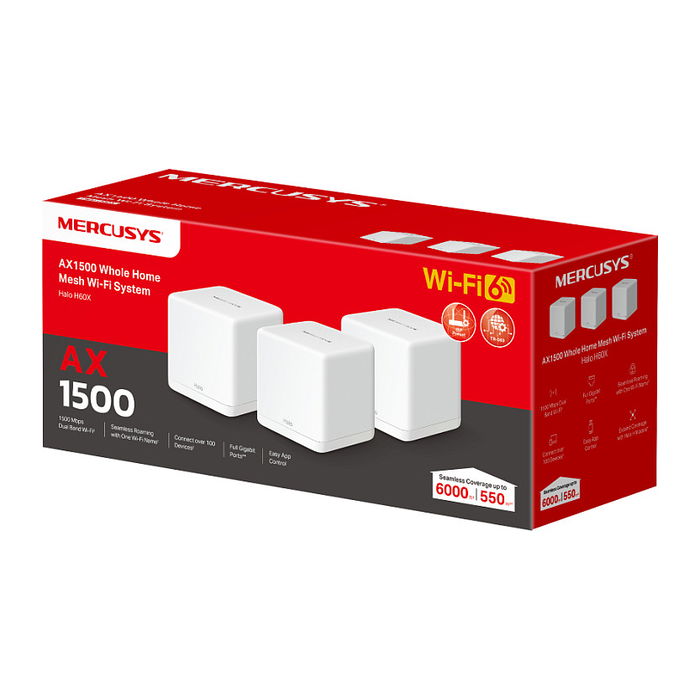 TP-Link Mercusys Halo H60X (3-Pack) Sistema Mesh WiFi 6 Doble Banda, Cubierta 550 m2, 1500 Mbps, Blanco, Router WLAN 802.11ax