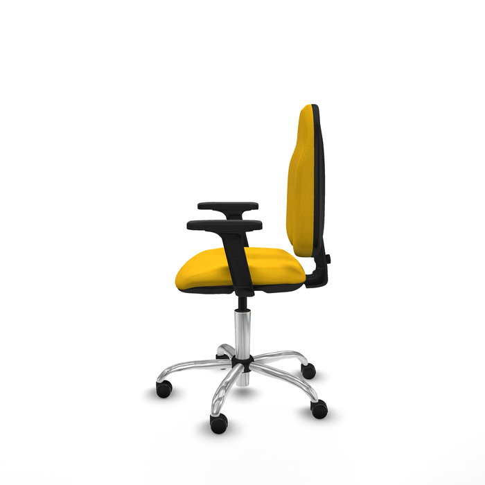 Silla de oficina Algarra con mecanismo Contacto permanente básico tapizada con Tela color Amarillo. Equipada con Base cromada, Brazos 2D y Ruedas autofrenantes