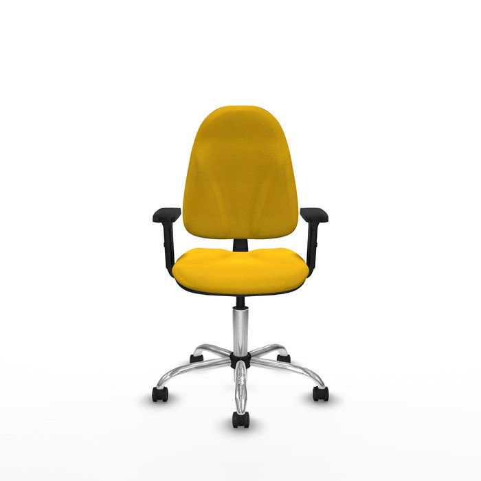 Silla de oficina Algarra con mecanismo Contacto permanente básico tapizada con Tela color Amarillo. Equipada con Base cromada, Brazos 2D y Ruedas autofrenantes