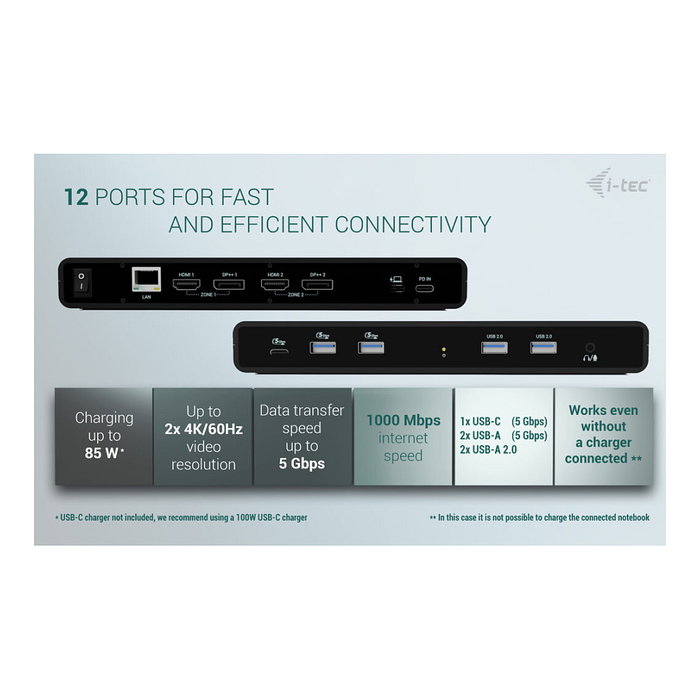 I-tec Dock Estación Acoplamiento Universal Dual 4K Display USB-C PD 85W, 2x HDMI, 2x DisplayPort, Gigabit Ethernet, Negro I-tec Dock Estación Acoplamiento Universal Dual 4K Display USB-C PD 85W, 2x HDMI, 2x DisplayPort, Gigabit Ethernet, Negro