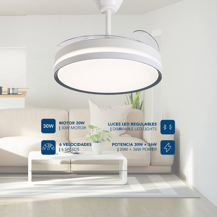 DAEWOO Ventilador de Techo con Aspas Retráctiles de 42 Pulgadas, LED 36W, Control por App, 3 Velocidades, Motor 30W