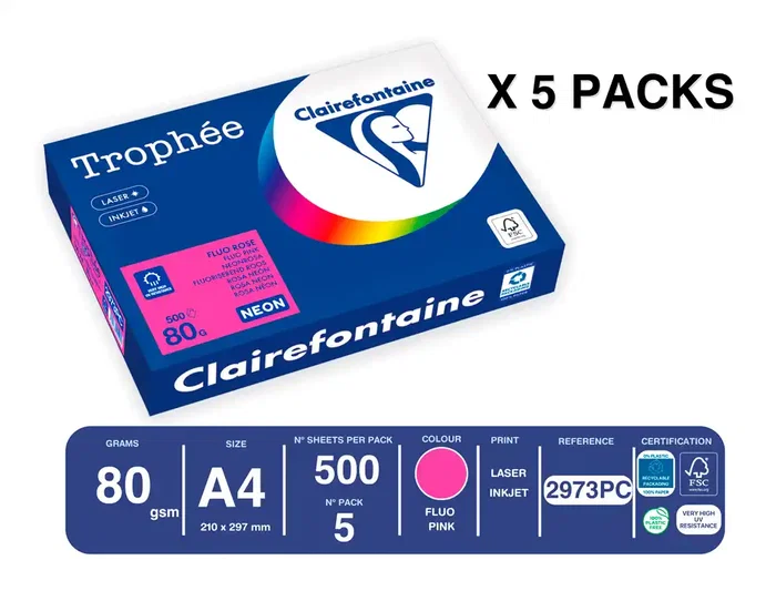 Trophee Papel Color Rosa Neón A4 80gr Paquete 500 Hojas