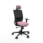 Silla de oficina Yunquera con mecanismo Sincro tapizada con Tela color Rosa y malla color Negro. Equipada con lumbar 1D, Brazos 1D, Cabecero 1D y Ruedas 65mm nailon