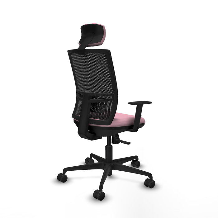 Silla de oficina Yunquera con mecanismo Sincro tapizada con Tela color Rosa y malla color Negro. Equipada con lumbar 1D, Brazos 1D, Cabecero 1D y Ruedas 65mm nailon