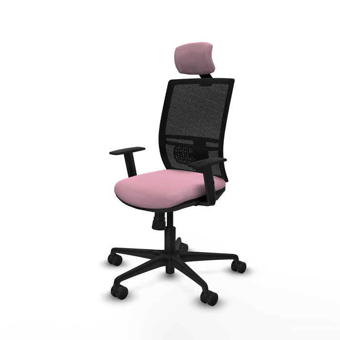 Silla de oficina Yunquera con mecanismo Sincro tapizada con Tela color Rosa y malla color Negro. Equipada con lumbar 1D, Brazos 1D, Cabecero 1D y Ruedas 65mm nailon