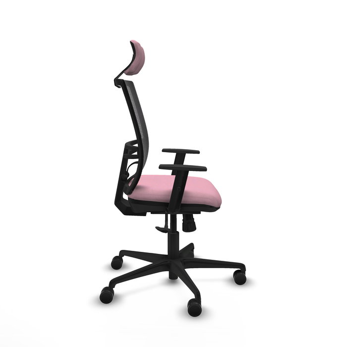 Silla de oficina Yunquera con mecanismo Sincro tapizada con Tela color Rosa y malla color Negro. Equipada con lumbar 1D, Brazos 1D, Cabecero 1D y Ruedas 65mm nailon