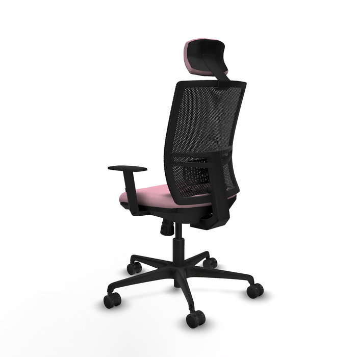 Silla de oficina Yunquera con mecanismo Sincro tapizada con Tela color Rosa y malla color Negro. Equipada con lumbar 1D, Brazos 1D, Cabecero 1D y Ruedas 65mm nailon