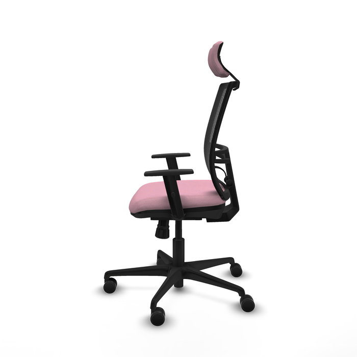 Silla de oficina Yunquera con mecanismo Sincro tapizada con Tela color Rosa y malla color Negro. Equipada con lumbar 1D, Brazos 1D, Cabecero 1D y Ruedas 65mm nailon