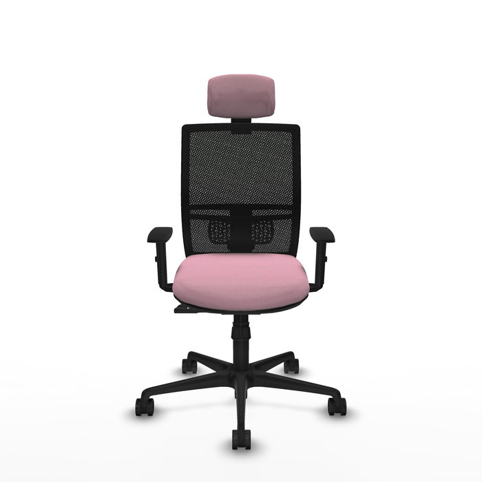 Silla de oficina Yunquera con mecanismo Sincro tapizada con Tela color Rosa y malla color Negro. Equipada con lumbar 1D, Brazos 1D, Cabecero 1D y Ruedas 65mm nailon