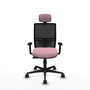 Silla de oficina Yunquera con mecanismo Sincro tapizada con Tela color Rosa y malla color Negro. Equipada con lumbar 1D, Brazos 1D, Cabecero 1D y Ruedas 65mm nailon