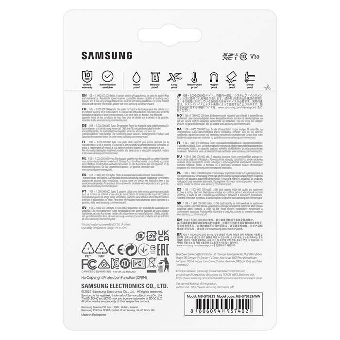 Samsung MB-SY512S Tarjeta de Memoria microSDXC 512GB Clase 10 U3 V30 Velocidad de Lectura 200MB/s Escritura 130MB/s