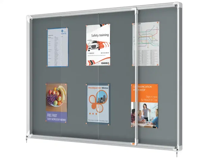 Nobo Vitrina de anuncios Premium Plus con puertas correderas y fieltro gris 18xA4 Nobo Vitrina de anuncios Premium Plus con puertas correderas y fieltro gris 18xA4