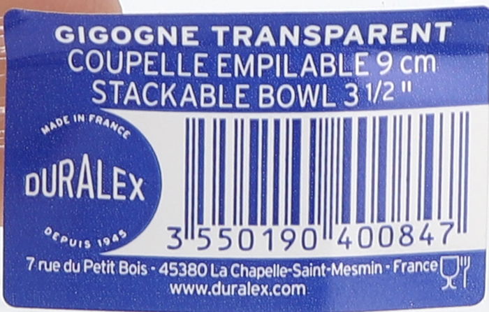 Duralex Bol 125cc Apilable Transparente Ø9 x 3.65 cm (72 Unidades)