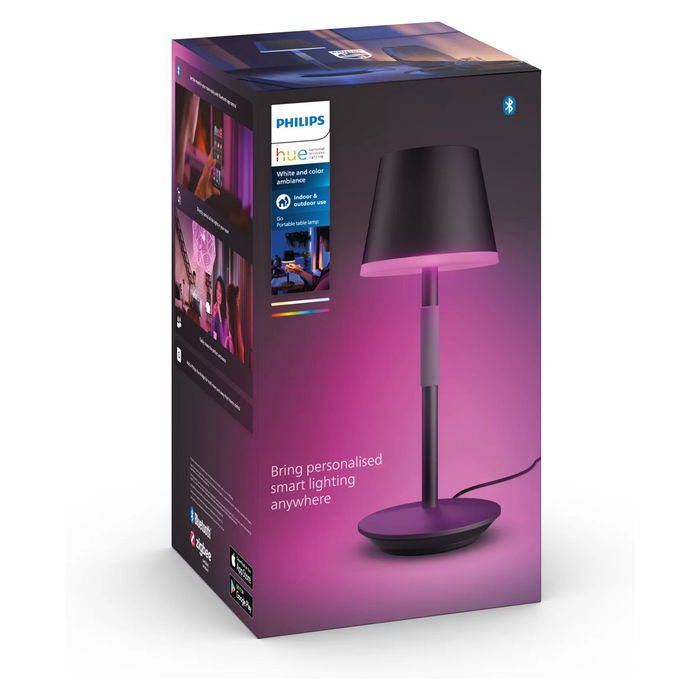 Philips Hue Go Lámpara de Mesa Inteligente LED Portátil Bluetooth/Zigbee, Blanco y Color Regulable, Negro, 530 lm, IP20/IP54
