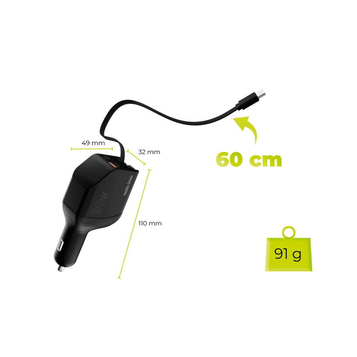 Mobile Origin CA22 Cargador de Coche 90W USB-C + USB-A con 2 cables de 60cm
