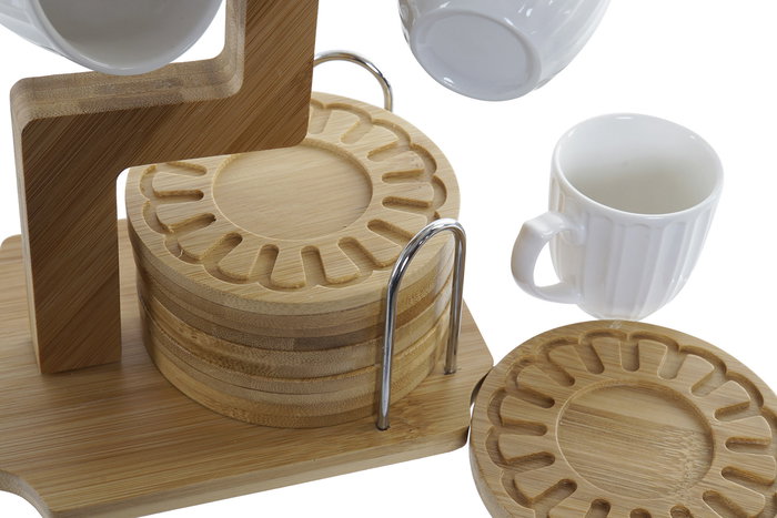 DKD Home Decor Set de 6 Tazas de Porcelana y Bambú Blanco 18 x 18 x 22 cm Aptas para Horno y Microondas